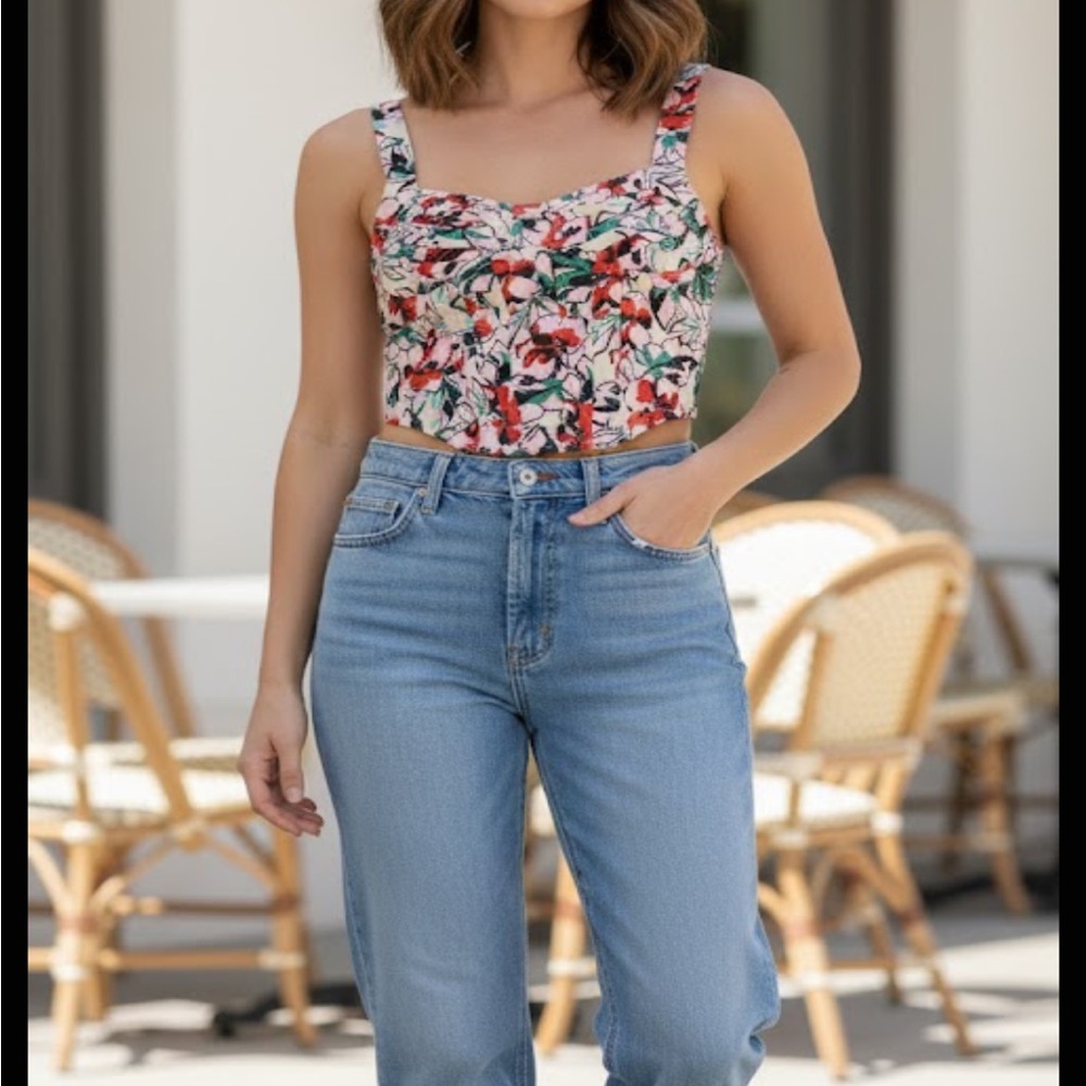 Japna Floral Corset Crop Top Women’s XS Cream Red Bustier Style